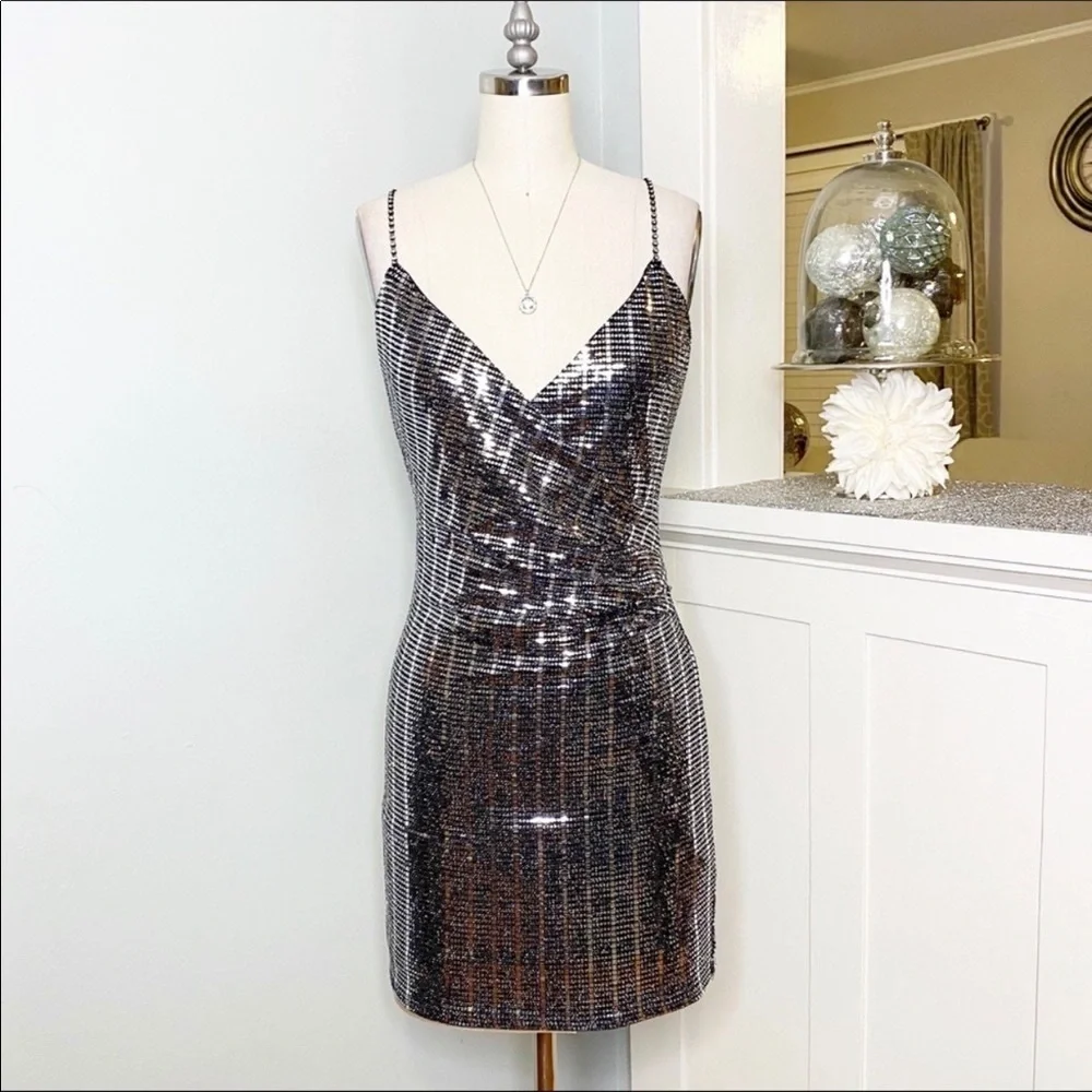 NWT Silver Sequin Mini Dress Sexy Bling Party Dress Medium - Picture 2 of 12